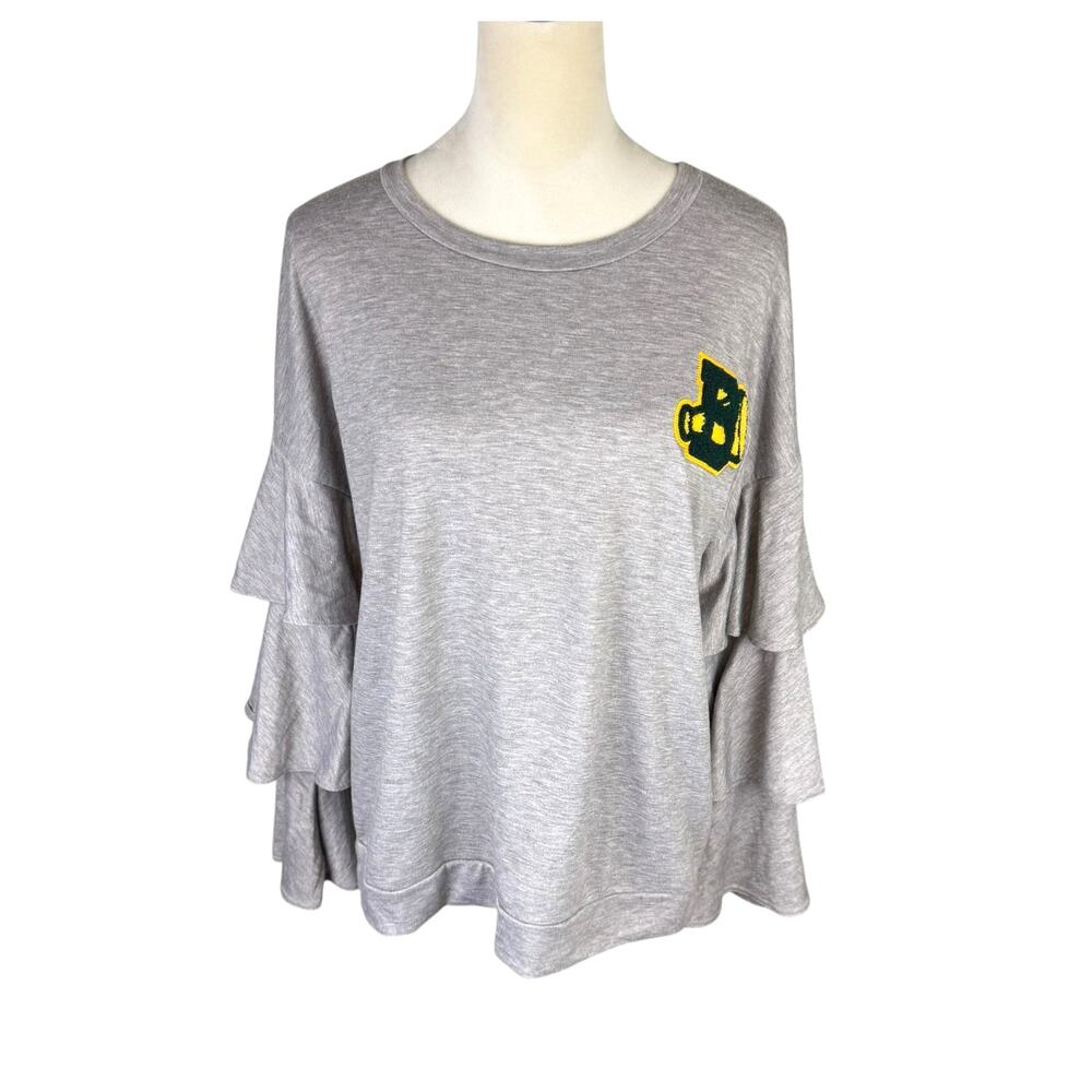 Kickoff Couture Grey Baylor Collegiate Patch Long Tiered Ruffle Sleeve Sweater